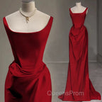 Sexy Mermaid Square Neckline Red Satin Floor Length Evening Prom Dress