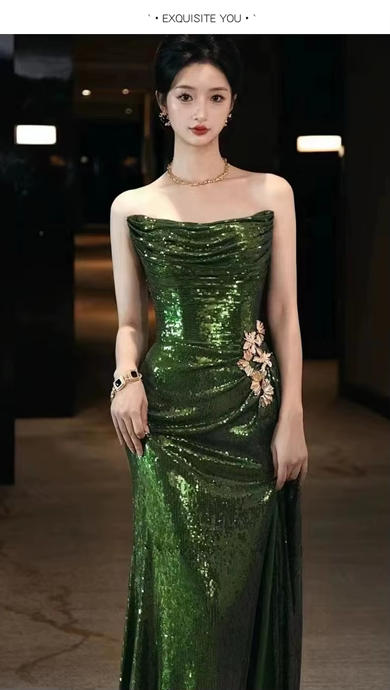 Sexy Mermaid Strapless Dark Green Sequin Long Classy Prom Dress Classy Evening Gowns Secondary image