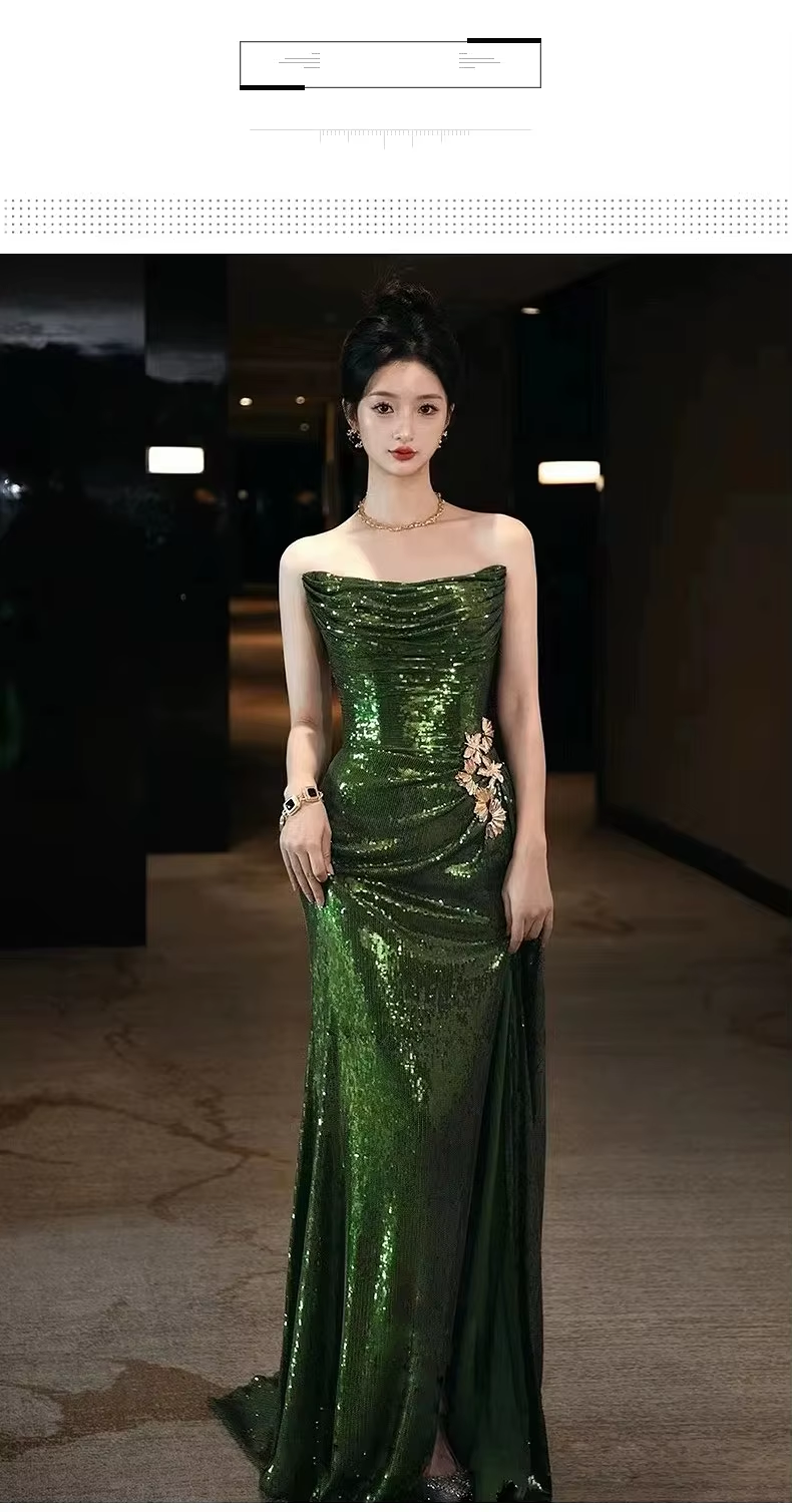 Sexy Mermaid Strapless Dark Green Sequin Long Classy Prom Dress Classy Evening Gowns