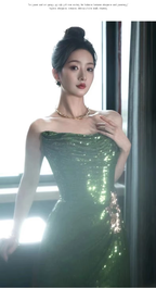 Sexy Mermaid Strapless Dark Green Sequin Long Classy Prom Dress Classy Evening Gowns
