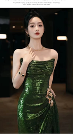 Sexy Mermaid Strapless Dark Green Sequin Long Classy Prom Dress Classy Evening Gowns