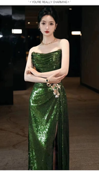 Sexy Mermaid Strapless Dark Green Sequin Long Classy Prom Dress Classy Evening Gowns