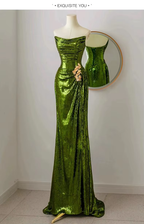 Sexy Mermaid Strapless Dark Green Sequin Long Classy Prom Dress Classy Evening Gowns