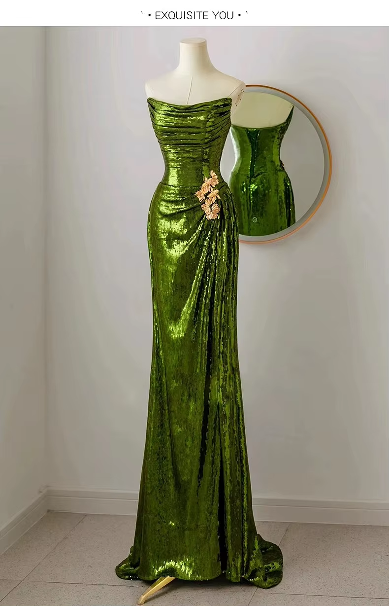 Sexy Mermaid Strapless Dark Green Sequin Long Classy Prom Dress Classy Evening Gowns