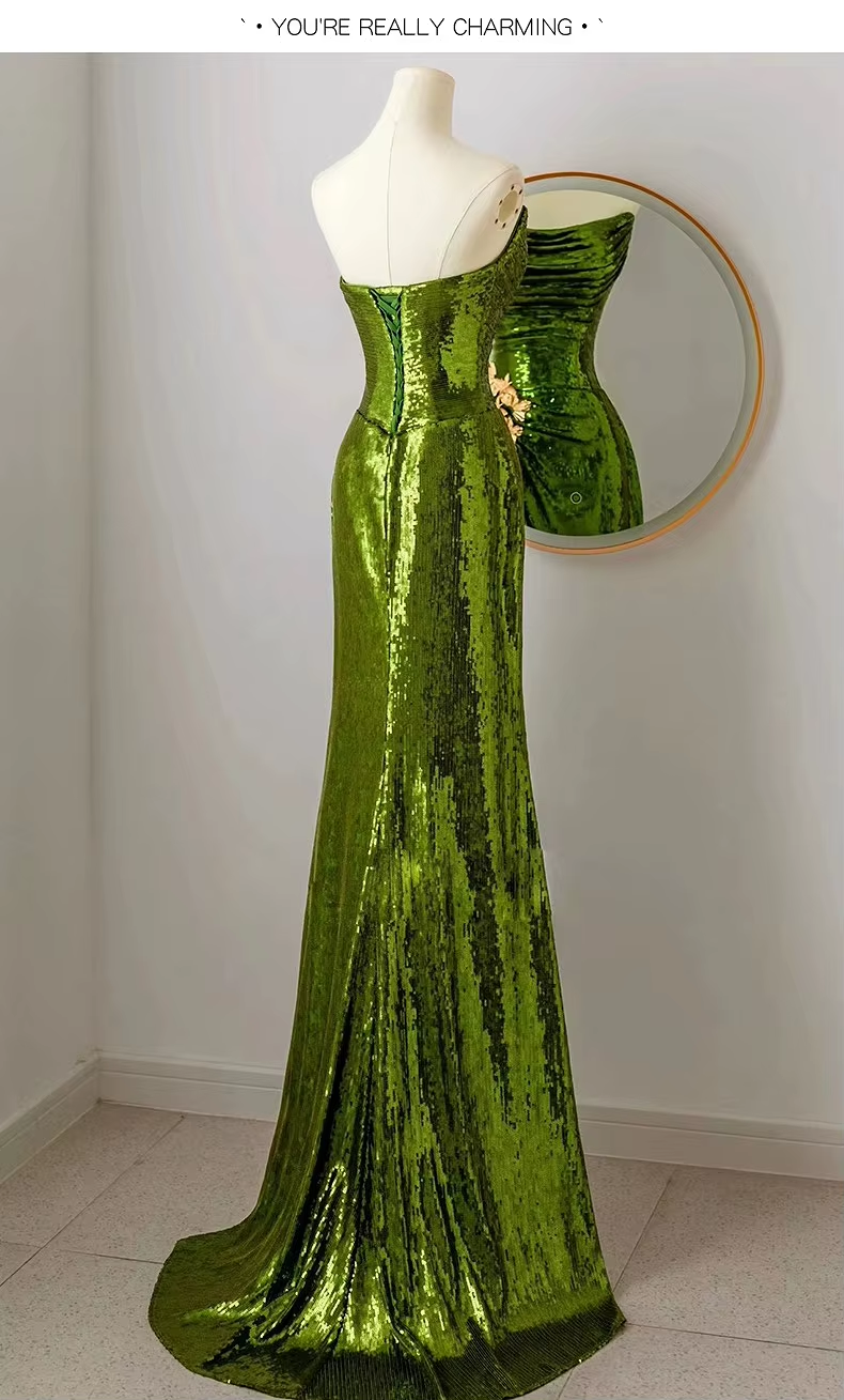 Sexy Mermaid Strapless Dark Green Sequin Long Classy Prom Dress Classy Evening Gowns