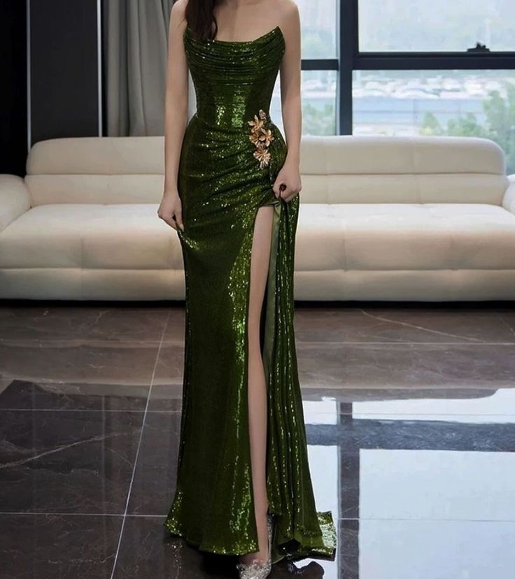 Sexy Mermaid Strapless Dark Green Sequin Long Classy Prom Dress Classy Evening Gowns Main image
