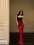 Sexy Mermaid Strapless Ombre Burgundy Satin Slit Long Prom Dresses Birthday Outfits