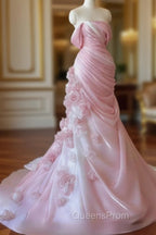 Sexy Mermaid Strapless Pink Long Floral Evening Prom Dress Party Dress