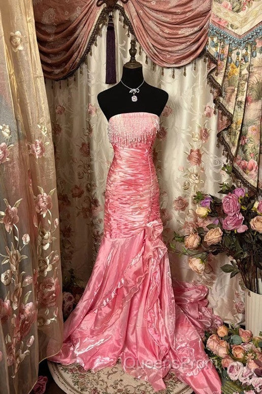 Sexy Mermaid Strapless Pink Satin Long Evening Dress Party Dress Evening Prom Dress Secondary image
