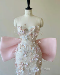 Sexy Mermaid Strapless Pink Sequin Long Floral Evening Prom Dress Party Dress