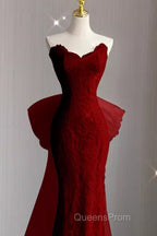 Sexy Mermaid Strapless Red Lace Long Evening Prom Dress