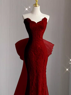 Sexy Mermaid Strapless Red Lace Long Classy Prom Dress