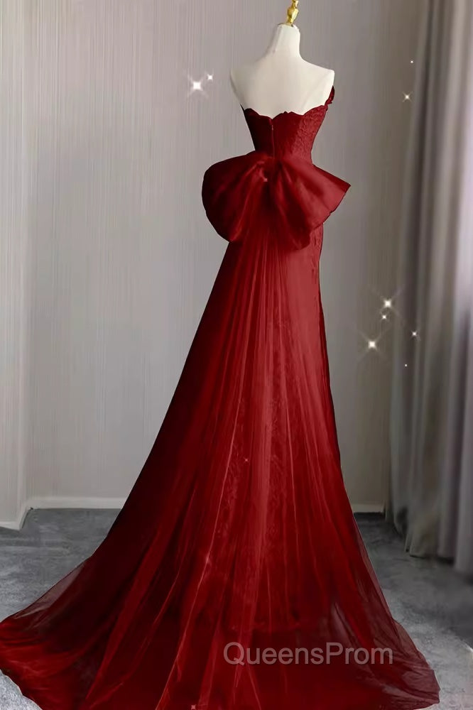 Sexy Mermaid Strapless Red Lace Long Evening Prom Dress