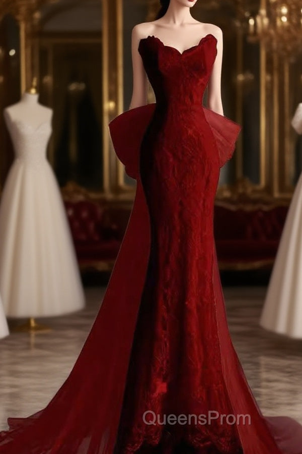 Sexy Mermaid Strapless Red Lace Long Evening Prom Dress Main image
