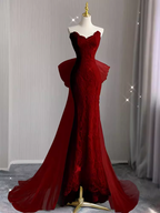 Sexy Mermaid Strapless Red Lace Long Classy Prom Dress