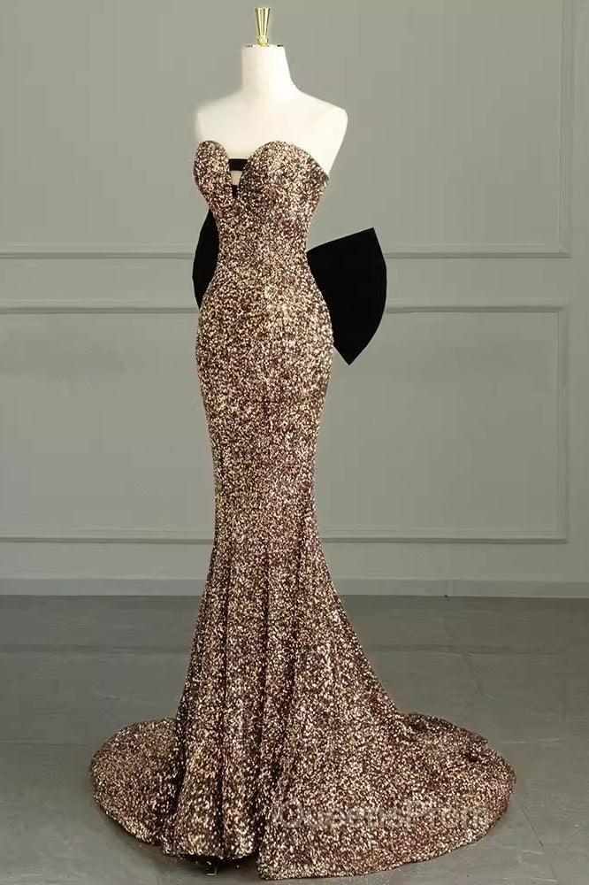 Sexy Mermaid Strapless Sequin Gold Floor Length Evening Prom Dress