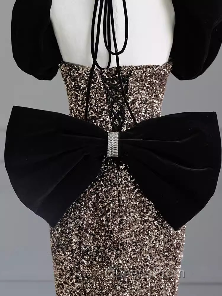 Sexy Mermaid Strapless Sequin Gold Floor Length Evening Prom Dress