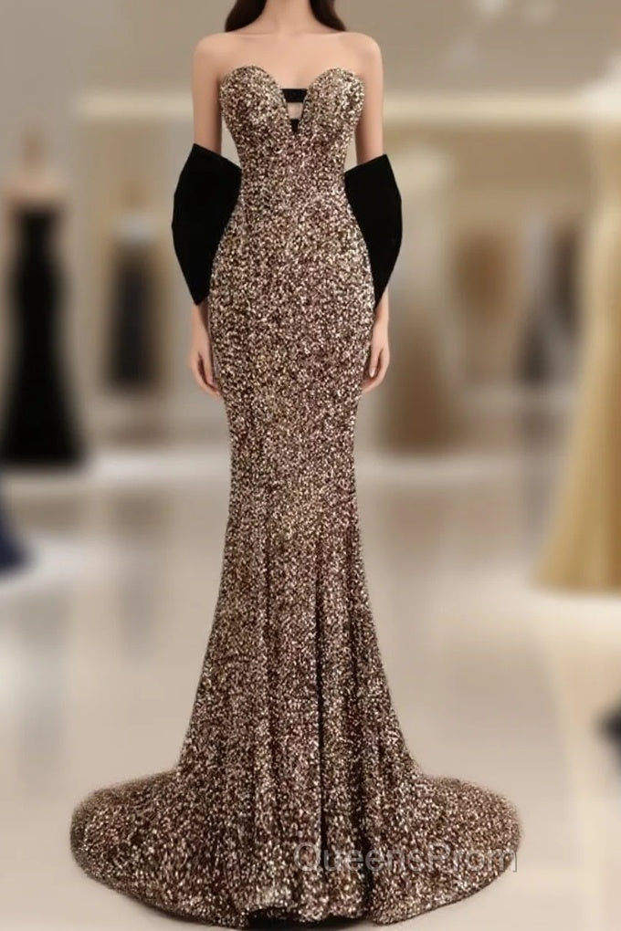 Sexy Mermaid Strapless Sequin Gold Floor Length Evening Prom Dress Main image