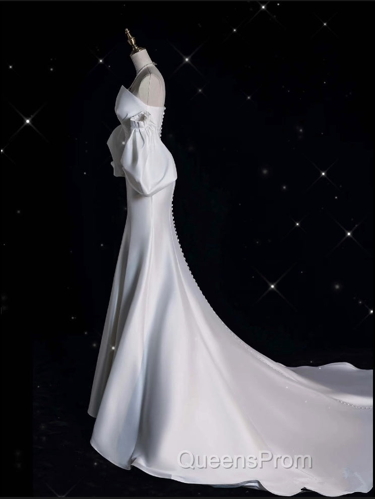 Sexy Mermaid Strapless Short Sleeves White Satin Wedding Dress Brides Dress