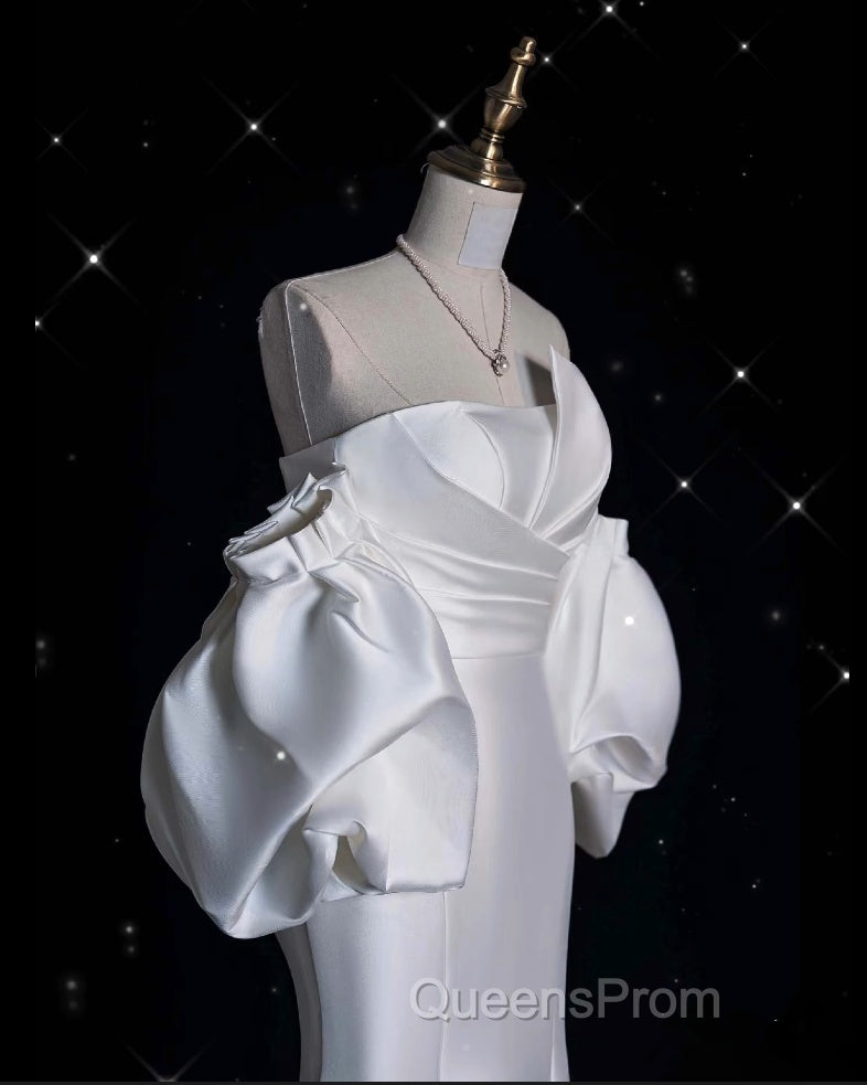 Sexy Mermaid Strapless Short Sleeves White Satin Wedding Dress Brides Dress