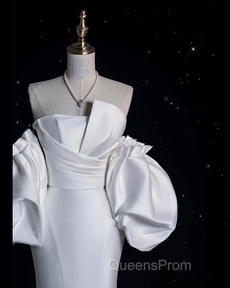 Sexy Mermaid Strapless Short Sleeves White Satin Wedding Dress Brides Dress