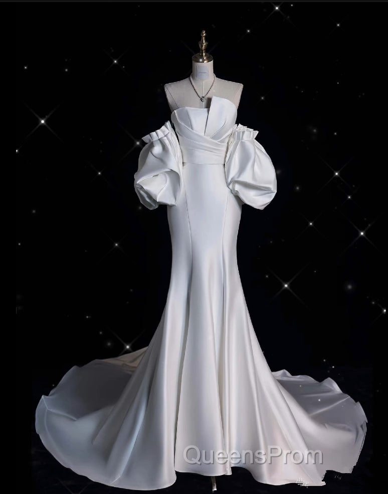 Sexy Mermaid Strapless Short Sleeves White Satin Wedding Dress Brides Dress
