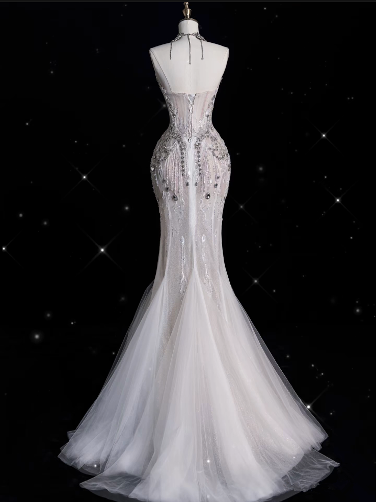 Sexy Mermaid Strapless Tulle With Silver Beads Long Wedding Dress Brides Dress