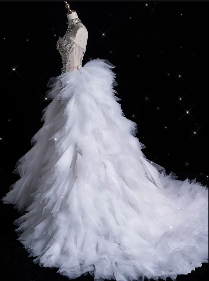 Sexy Mermaid Strapless Tulle With Silver Beads Long Wedding Dress Brides Dress