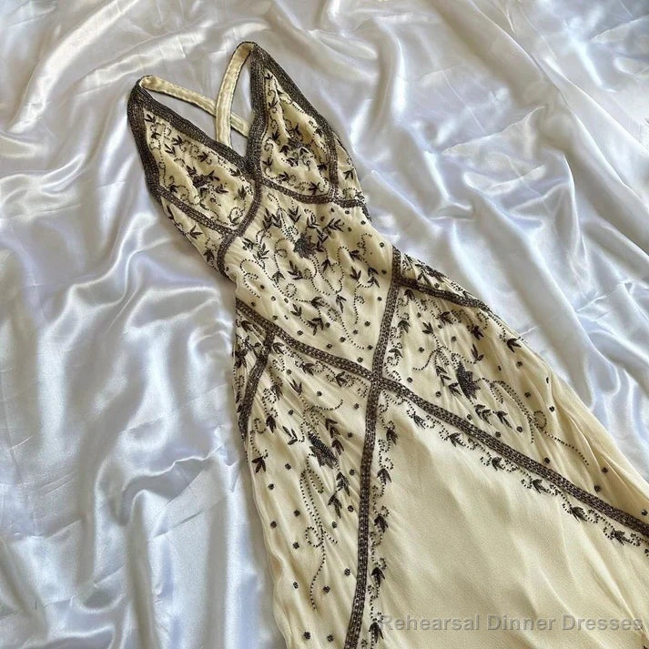 Sexy Mermaid Straps Chiffon Beaded Long Prom Dress Backless Formal Evening Dress Party Dress