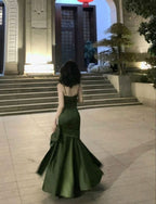 Sexy Mermaid Straps Green Party Dress Satin Long Classy Prom Dress