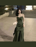 Sexy Mermaid Straps Green Party Dress Satin Long Classy Prom Dress