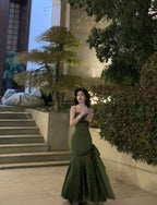 Sexy Mermaid Straps Green Party Dress Satin Long Classy Prom Dress