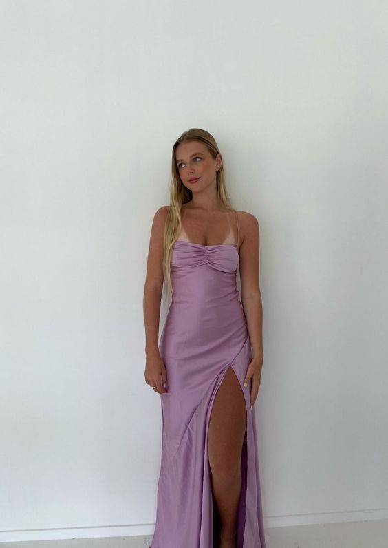 Sexy Mermaid Straps Lilac Slit Long Classy Prom Dress