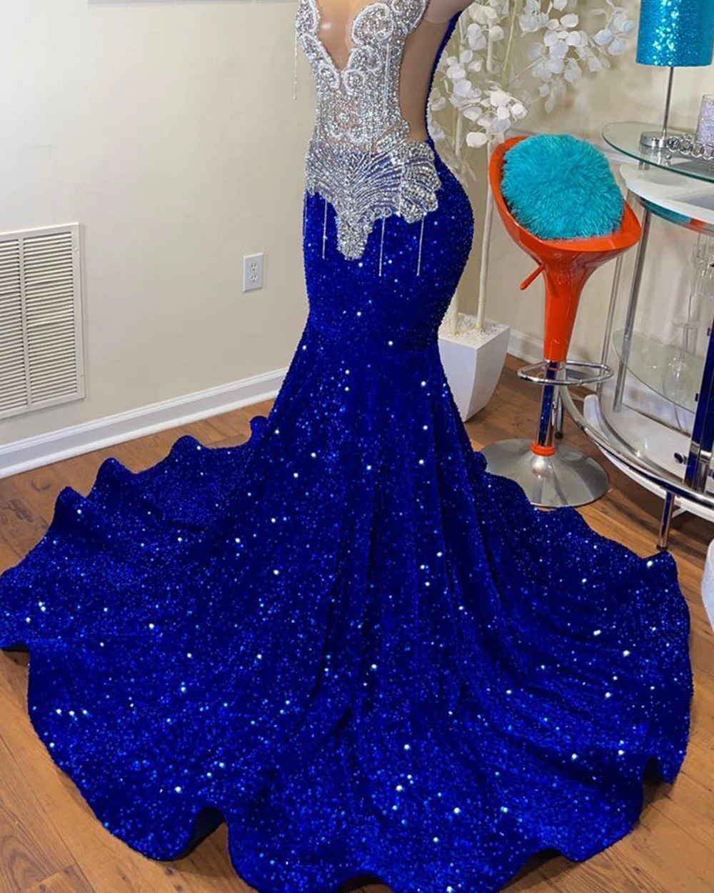 Sexy Mermaid Style Sheer Top Luxury Sparkly Silver Crystals Diamond Black Girls Royal Blue Long Classy Prom Dress