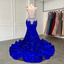 Sexy Mermaid Style Sheer Top Luxury Sparkly Silver Crystals Diamond Black Girls Royal Blue Long Classy Prom Dress