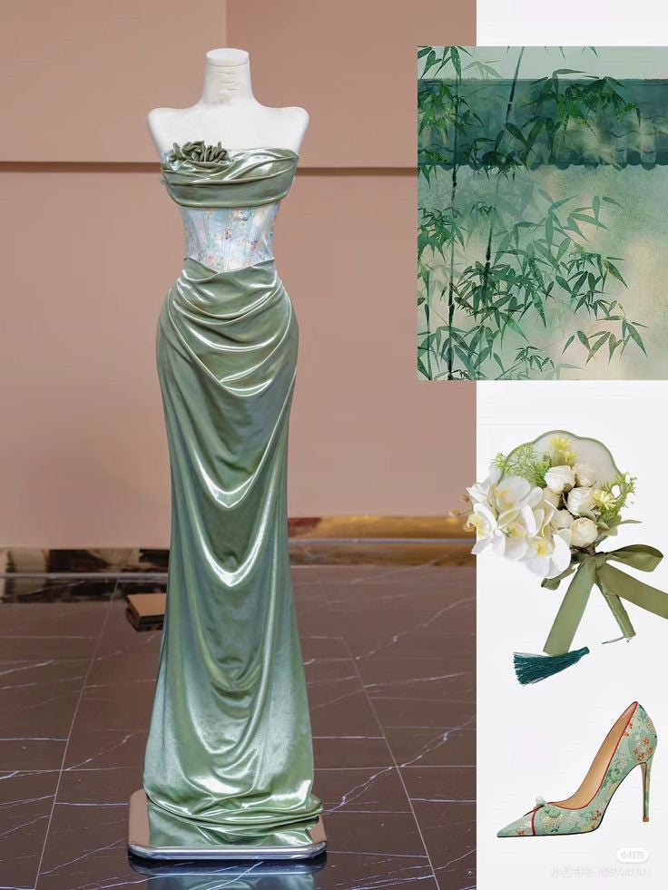 Sexy Mermaid Sweetheart Green Long Classy Evening Dress Satin Classy Prom Dress