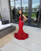 Sexy Mermaid Sweetheart Neckline Sequin Black Girl Red Classy Evening Gown Classy Prom Dress