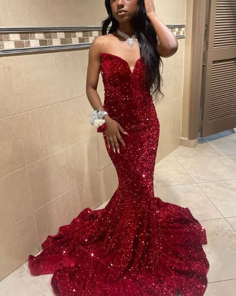 Sexy Mermaid Sweetheart Neckline Sequin Black Girl Red Classy Evening Gown Classy Prom Dress