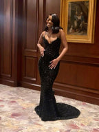 Sexy Mermaid Sweetheart Sequin Slit Black Long Classy Prom Dress Party Dress