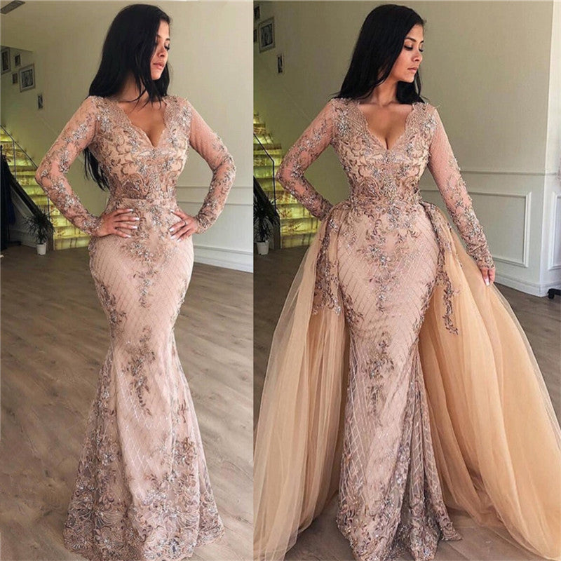 Sexy Mermaid V-Neck Long Sleeves Appliqued Classy Prom Dress With Detachable Skirt Secondary image