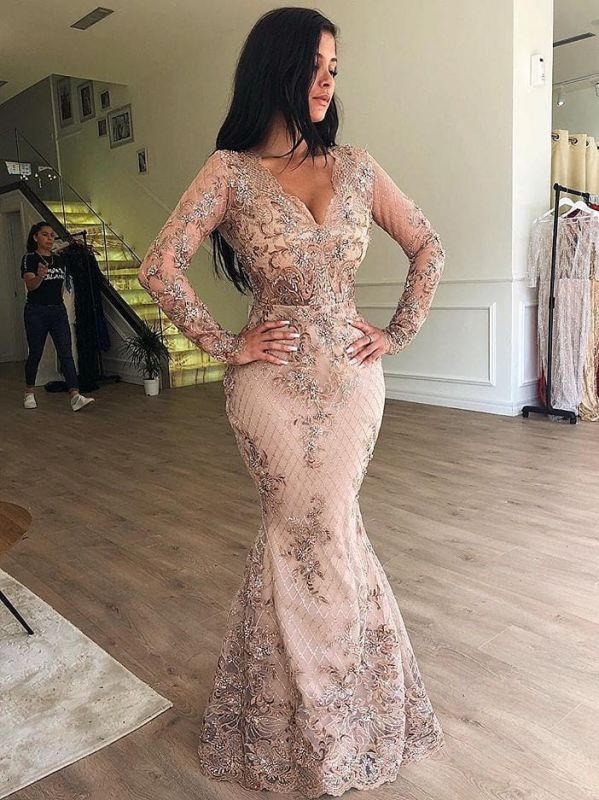 Sexy Mermaid V-Neck Long Sleeves Appliqued Classy Prom Dress With Detachable Skirt