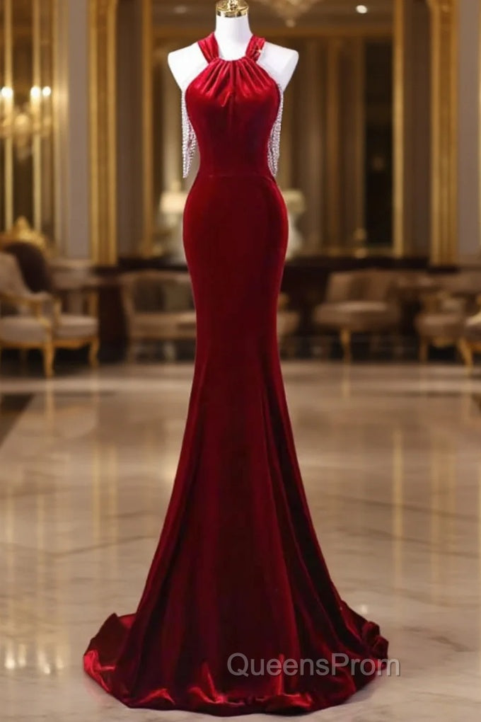 Sexy Mermaid Velvet Party Dress Red Evening Prom Dress Main image
