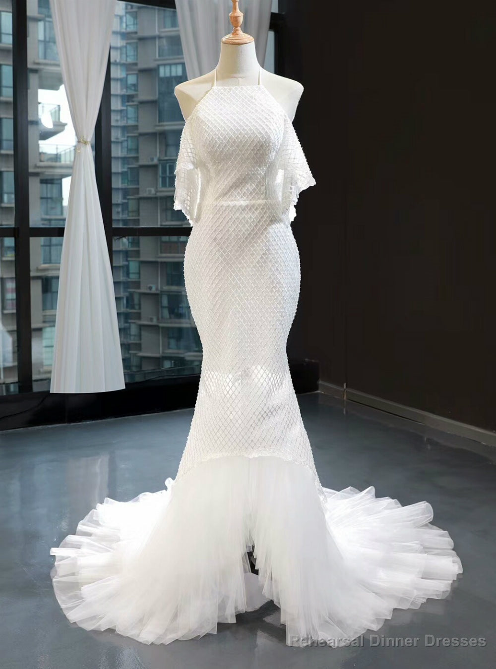 Sexy Mermaid White Tulle Halter Backless Wedding Dress Main image