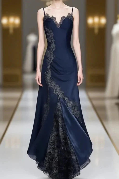 Sexy Navy Blue Mermaid Lace Classy Prom Dress Party Dress