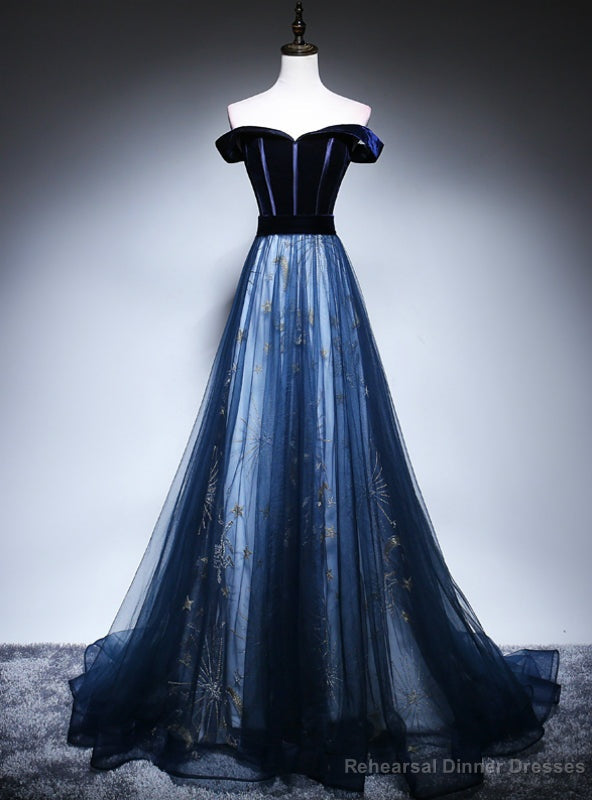 Sexy Navy Blue Tulle Velvet Off the Shoulder Prom Dress Main image