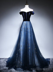 Sexy Navy Blue Tulle Velvet Off the Shoulder Prom Dress