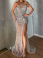 Sexy One-Shoulder Beaded Decorate See-Through Split-Side Classy Evening Dress Classy Prom Dress