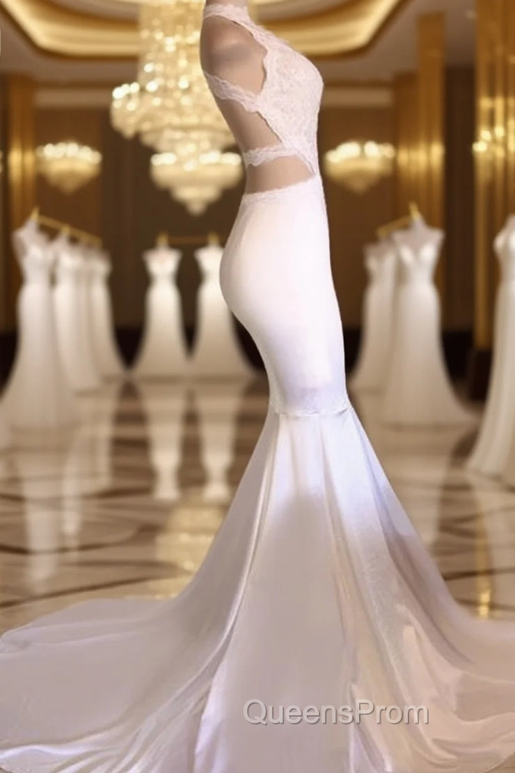 Sexy Open Back White Jersy Evening Prom Dress With High Collar Main image