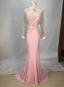 Sexy Pink Long Sleeve Beaded Chiffon Long Prom Dress