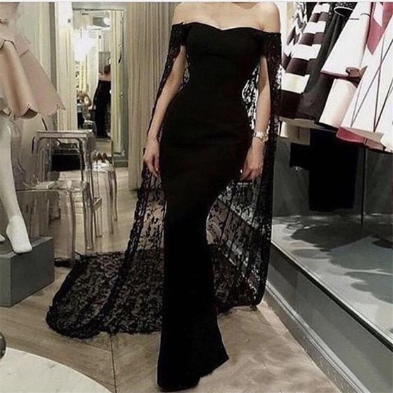 Black Noble And Elegant Mermaid Slim Lace Cape Elegant Long Floor-Length Trailing Ball Gown Classy Evening Dress Party Dress